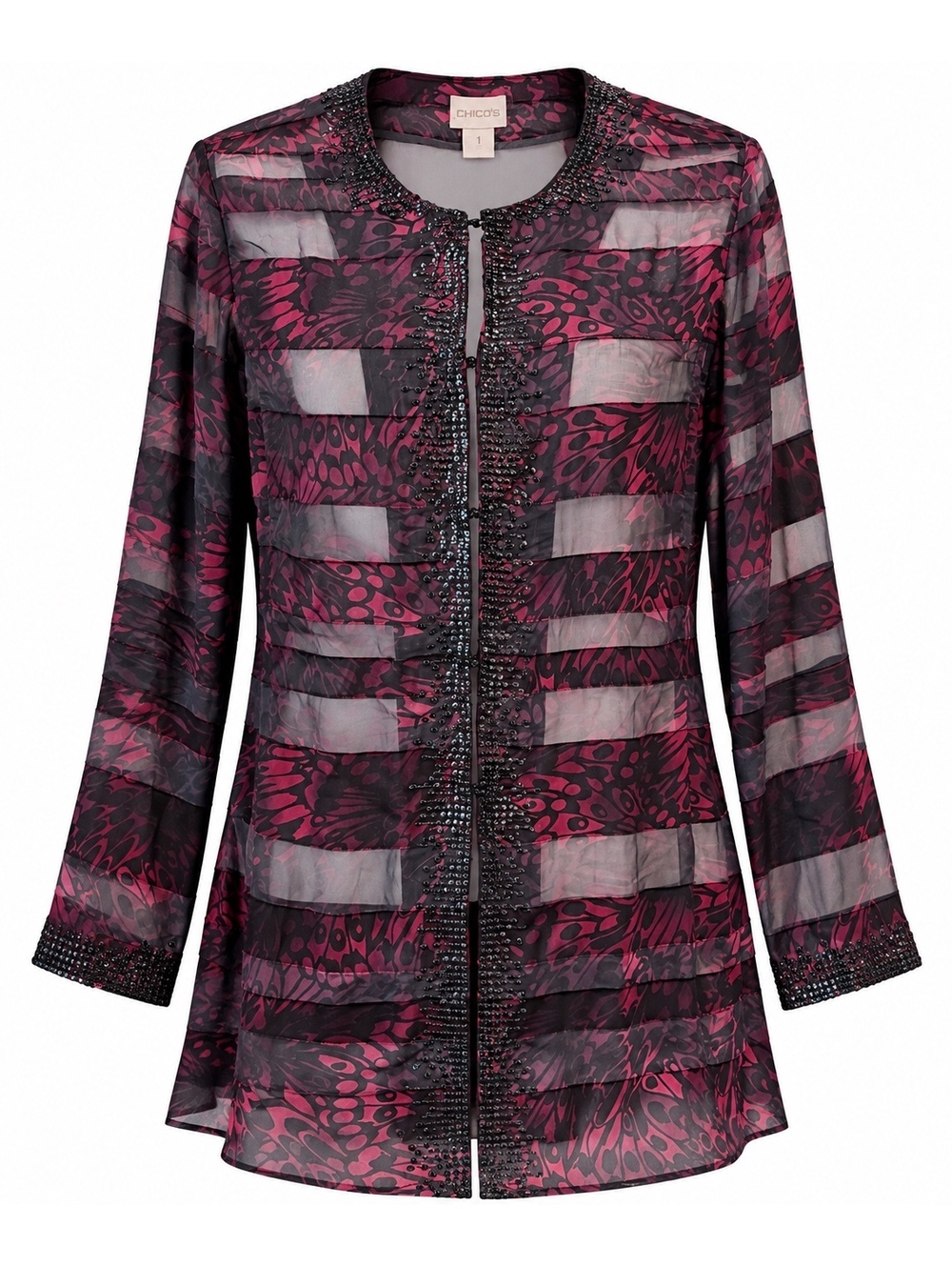 Chico’s Size 1 M Sheer Silk Blend Beaded Sequin Floral Jacket Topper